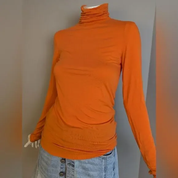 Massimo Dutti Orange Turtleneck Top XS Soft Stretch Lyocell Long Sleeve Fall Bas - Picture 2 of 8